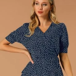 Allegra K Women's V Neck Polka Dots Blouses Short Sleeve Wrap Peplum Top