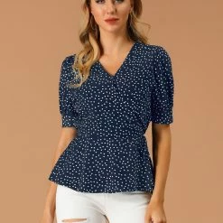 Allegra K Women's V Neck Polka Dots Blouses Short Sleeve Wrap Peplum Top