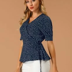 Allegra K Women's V Neck Polka Dots Blouses Short Sleeve Wrap Peplum Top