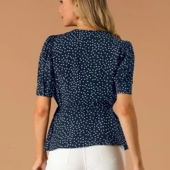 Allegra K Women's V Neck Polka Dots Blouses Short Sleeve Wrap Peplum Top