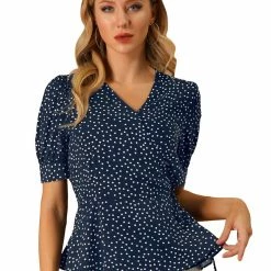 Allegra K Women's V Neck Polka Dots Blouses Short Sleeve Wrap Peplum Top