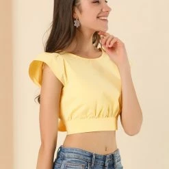 Allegra K Women's Summer Ruched Tie Front Causal Flare Sleeve V Neck Crop Top 11 Allegra K Women's Summer Ruched Tie Front Causal Flare Sleeve V Neck Crop Top