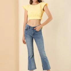 Allegra K Women's Summer Ruched Tie Front Causal Flare Sleeve V Neck Crop Top 13 Allegra K Women's Summer Ruched Tie Front Causal Flare Sleeve V Neck Crop Top