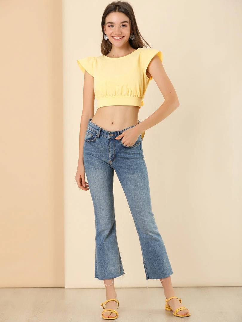 Allegra K Women's Summer Ruched Tie Front Causal Flare Sleeve V Neck Crop Top 7 Allegra K Women's Summer Ruched Tie Front Causal Flare Sleeve V Neck Crop Top