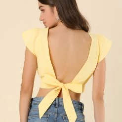 Allegra K Women's Summer Ruched Tie Front Causal Flare Sleeve V Neck Crop Top 14 Allegra K Women's Summer Ruched Tie Front Causal Flare Sleeve V Neck Crop Top