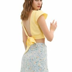 Allegra K Women's Summer Ruched Tie Front Causal Flare Sleeve V Neck Crop Top