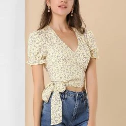 Allegra K Women's Tie Cross Front V Neck Short Bubble Sleeve Wrap Floral Crop Top
