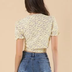 Allegra K Women's Tie Cross Front V Neck Short Bubble Sleeve Wrap Floral Crop Top