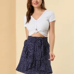 Allegra K Women's Bow Tie Elastic Waist Ruffle Hem Flare Short Polka Dots Skirts
