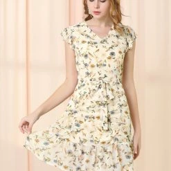 Allegra K Women's Casual Short Sleeve Cute Tie V Neck A-Line Floral Dress