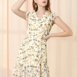 Allegra K Women's Casual Short Sleeve Cute Tie V Neck A-Line Floral Dress