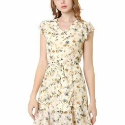 Allegra K Women's Casual Short Sleeve Cute Tie V Neck A-Line Floral Dress