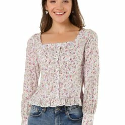 Allegra K Women's Floral Blouse Square Neck Ruffled Long Sleeve Button Up Shirt