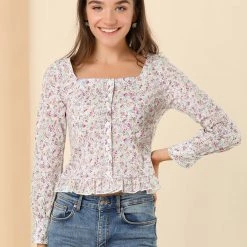 Allegra K Women's Floral Blouse Square Neck Ruffled Long Sleeve Button Up Shirt