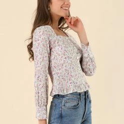 Allegra K Women's Floral Blouse Square Neck Ruffled Long Sleeve Button Up Shirt