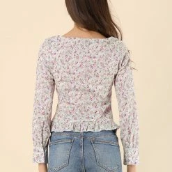 Allegra K Women's Floral Blouse Square Neck Ruffled Long Sleeve Button Up Shirt