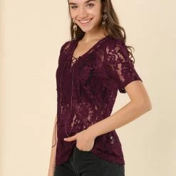 Allegra K Women's Lace Top Vintage Short Sleeve Tie Neck Floral Blouse