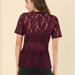 Allegra K Women's Lace Top Vintage Short Sleeve Tie Neck Floral Blouse