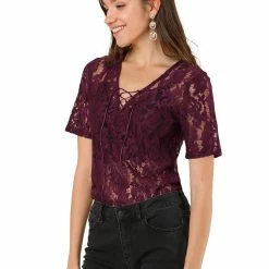 Allegra K Women's Lace Top Vintage Short Sleeve Tie Neck Floral Blouse