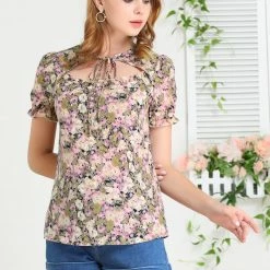 Allegra K Women's Floral Print Tops Ruffle Tie Neck Short Sleeve Casual Blouse 11 Allegra K Women's Floral Print Tops Ruffle Tie Neck Short Sleeve Casual Blouse