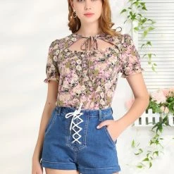 Allegra K Women's Floral Print Tops Ruffle Tie Neck Short Sleeve Casual Blouse 12 Allegra K Women's Floral Print Tops Ruffle Tie Neck Short Sleeve Casual Blouse