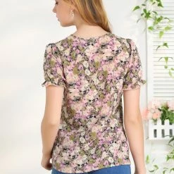 Allegra K Women's Floral Print Tops Ruffle Tie Neck Short Sleeve Casual Blouse 14 Allegra K Women's Floral Print Tops Ruffle Tie Neck Short Sleeve Casual Blouse
