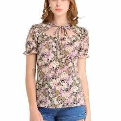 Allegra K Women's Floral Print Tops Ruffle Tie Neck Short Sleeve Casual Blouse