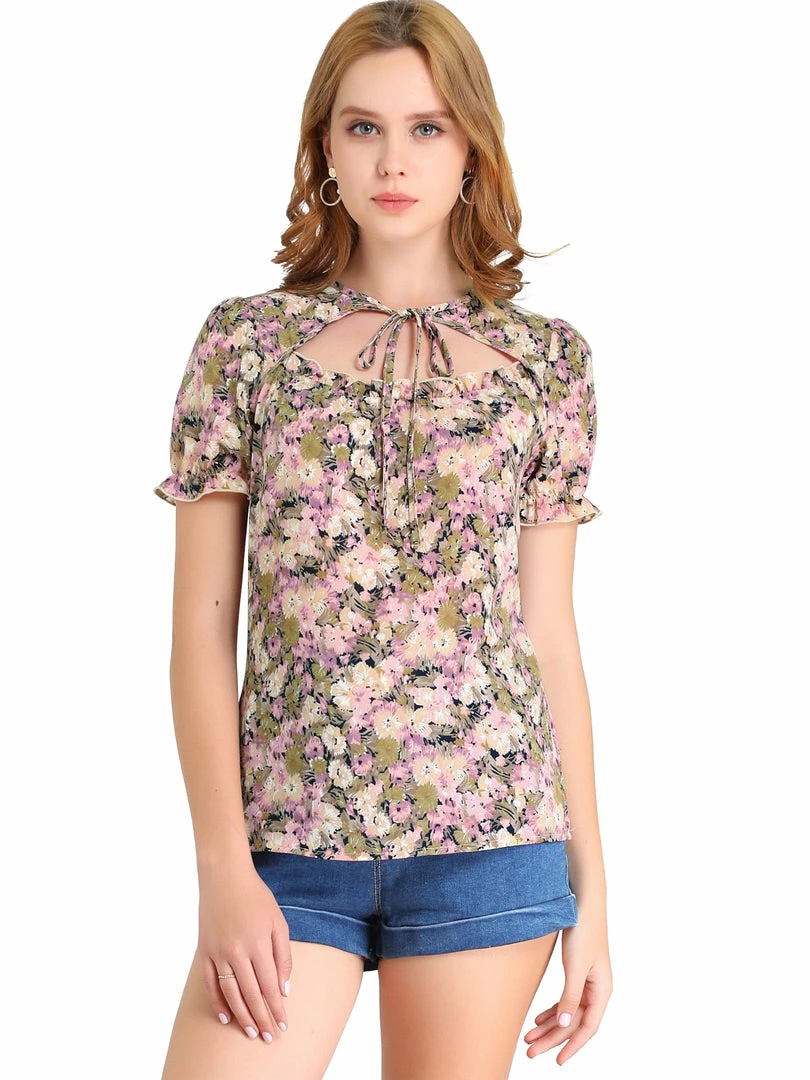 Allegra K Women's Floral Print Tops Ruffle Tie Neck Short Sleeve Casual Blouse 4 Allegra K Women's Floral Print Tops Ruffle Tie Neck Short Sleeve Casual Blouse