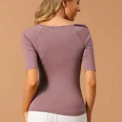 Allegra K Women's Half Sleeves Scoop Neck Fitted Layering Bowtie Decor Top T-Shirt