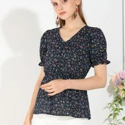 Allegra K Women's Floral Peplum Top Ruffle Hem Puff Sleeve V Neck Summer Blouse
