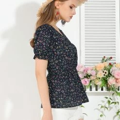 Allegra K Women's Floral Peplum Top Ruffle Hem Puff Sleeve V Neck Summer Blouse