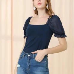 Allegra K Women's Elegant Puff Sheer Sleeve Blouse Summer Square Neck Tops