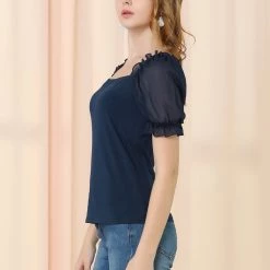 Allegra K Women's Elegant Puff Sheer Sleeve Blouse Summer Square Neck Tops