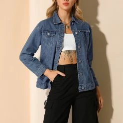 Allegra K Women's Casual Button Down Turndown Collar Basic Washed Jean Denim Jacket