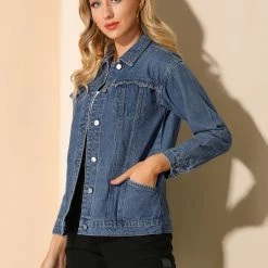 Allegra K Women's Casual Button Down Turndown Collar Basic Washed Jean Denim Jacket
