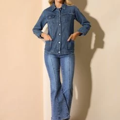 Allegra K Women's Casual Button Down Turndown Collar Basic Washed Jean Denim Jacket