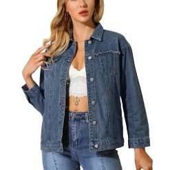 Allegra K Women's Casual Button Down Turndown Collar Basic Washed Jean Denim Jacket