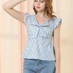 Allegra K Women's Bow Tie Neck Summer Babydoll Casual Floral Ruffled Sleeve Tops 11 Allegra K Women's Bow Tie Neck Summer Babydoll Casual Floral Ruffled Sleeve Tops