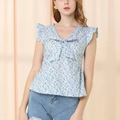 Allegra K Women's Bow Tie Neck Summer Babydoll Casual Floral Ruffled Sleeve Tops 12 Allegra K Women's Bow Tie Neck Summer Babydoll Casual Floral Ruffled Sleeve Tops