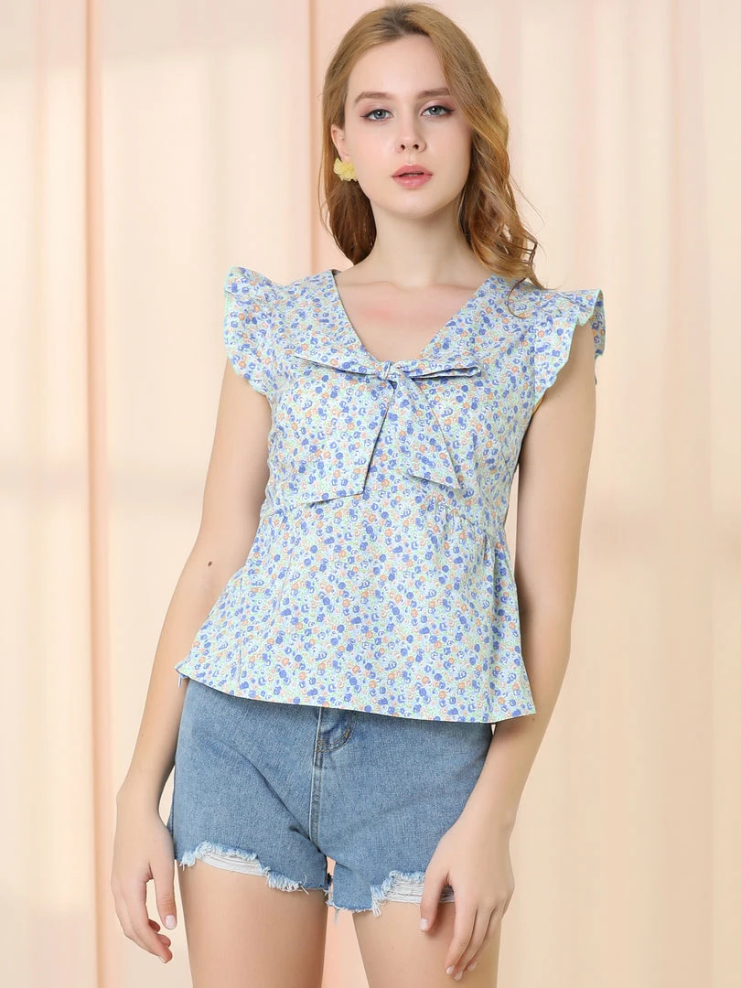 Allegra K Women's Bow Tie Neck Summer Babydoll Casual Floral Ruffled Sleeve Tops 6 Allegra K Women's Bow Tie Neck Summer Babydoll Casual Floral Ruffled Sleeve Tops