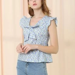 Allegra K Women's Bow Tie Neck Summer Babydoll Casual Floral Ruffled Sleeve Tops 13 Allegra K Women's Bow Tie Neck Summer Babydoll Casual Floral Ruffled Sleeve Tops