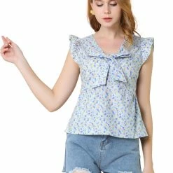 Allegra K Women's Bow Tie Neck Summer Babydoll Casual Floral Ruffled Sleeve Tops 10 Allegra K Women's Bow Tie Neck Summer Babydoll Casual Floral Ruffled Sleeve Tops