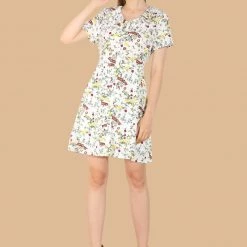 Allegra K Women's Ruffle Neck Short Sleeve Elegant Floral Fit And Flare Dress