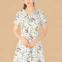 Allegra K Women's Ruffle Neck Short Sleeve Elegant Floral Fit And Flare Dress
