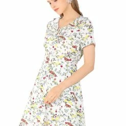 Allegra K Women's Ruffle Neck Short Sleeve Elegant Floral Fit And Flare Dress