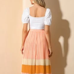 Allegra K Women's Color Block Elastic Waist A-Line Chiffon Pleated Midi Skirt