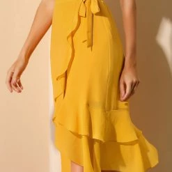 Allegra K Women's Ruffle Chiffon Tie Waist High Low Asymmetrical Summer Midi Skirt