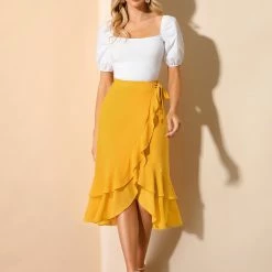 Allegra K Women's Ruffle Chiffon Tie Waist High Low Asymmetrical Summer Midi Skirt