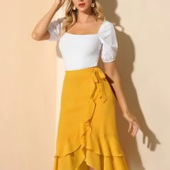 Allegra K Women's Ruffle Chiffon Tie Waist High Low Asymmetrical Summer Midi Skirt