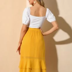 Allegra K Women's Ruffle Chiffon Tie Waist High Low Asymmetrical Summer Midi Skirt